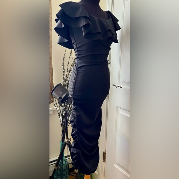 ASOS black ruffle top sleeveless rouch  fitted dress - Picture 5 of 7